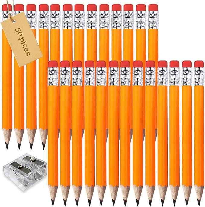 Adhere 25pcs Golf Pencils with eraser Hexagon Wooden Pencils Graphite 2B for Golf Event Scoring,Classroom,Wedding,Company Meetings,Pew, Pocket (z-Orange・Round ・50pcs)