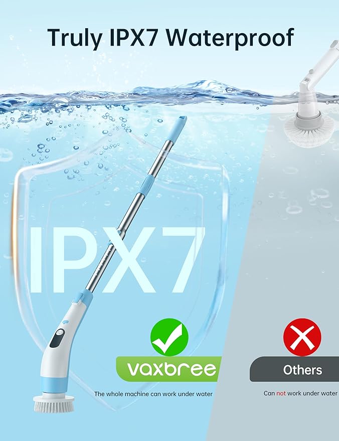 Electric Spin Scrubber with LED Display, IPX7 Waterproof Powerful Shower Scrubber, 2H Runtime, 2 Speeds, Adjustable Handle, 8 Brush Heads for Bathtub Tile Car-Blue and White