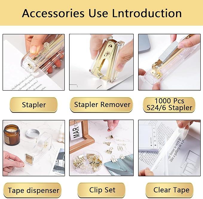 Office Supplies,Desk Accessories,with Stapler,Tape Dispenser,Pen Holder Cup for Desk,Staple Remover,Scissor,Ballpoint Pen,Clear Tape, Staples,Phone Stand,Ruler,Binder,Best Gift Set(Gold)