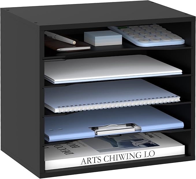SUPEASY Wood Desk Organizer, 5 Tier Paper File Organizer for Desk, Wooden Desktop Organizer, Paper Letter Literature Mail Sorter, for Office School & Home Organization, Black