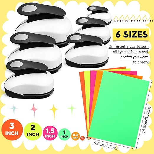 Chengu 6 Pcs Circle Punch Set 3in/2in/1.5in/1in/0.6in/0.3in Scrapbook Hole Punchers Crafting with 10 Sticker Paper Round Cutter Scrapbook for Office Supplies DIY Albums Photos