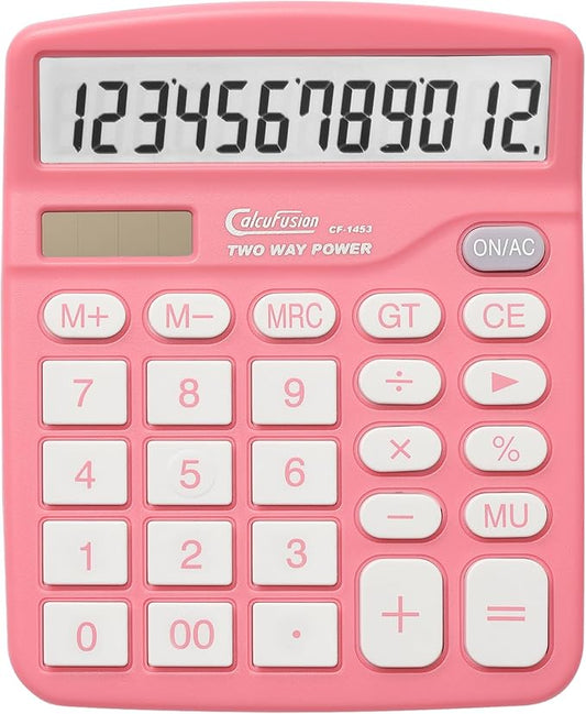 Calculator, 12 Digits Pink Desktop Calculators Large Display LCD&Big Button Dual Solar and Battery Powered Standard Functions Basic Calculator for School Office CF-1453