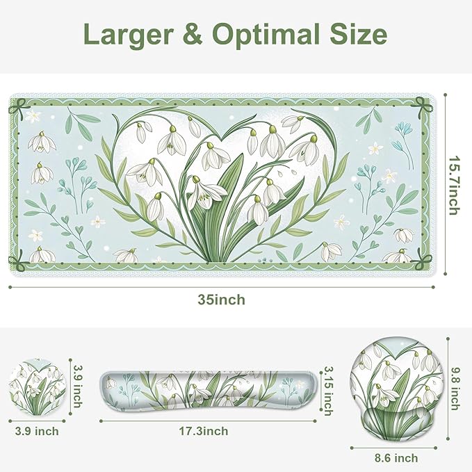 Floral Desk Mat, 4in1 Large Mouse Pad with Wrist Rest, Desk Matt for Desktop, Desk Pad Mat, Anti-Slip XXL Big Computer Ergonomic Mousepad with Wrist Support for Keyboard and Mouse I Green Flower Heart