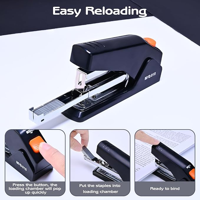 M&G Effortless Stapler with 1000 Staples for Desk, 25 Sheets Capacity Heavy Duty Desktop Staplers, Jam Free, Easy to Load, Ergonomic One Finger Touch Stapler for Office School Supplies (Black)