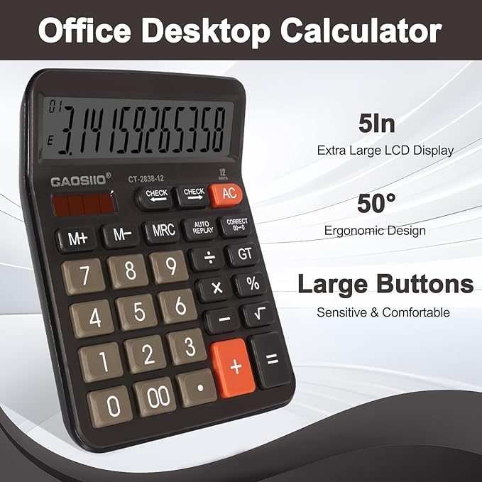 Desktop Calculator, Extra Large 5 Inch LCD Display, Desk Calculator, 12 Digits, Calculators with Big Buttons, Solar and AAA Battery Dual Power,Office Calculators for Business School Home(Black)