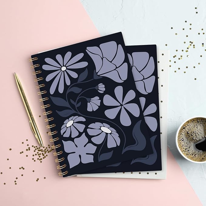 VONTP Boho Abstract Floral Spiral Notebook, Blue Abstract Flower Aesthetic Journal, Boho Office Supplies, Botanical Floral College Ruled Notebook Journal for Writing, 5.5x8.3