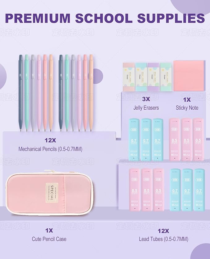 Mechanical Pencil Set with Cute Pencil Case, 12x Pastel Mechanical Pencils 0.5 & 0.7mm with 720x HB Leads, 4x Erasers and 1x Sticky Note, Suitable for Writing, Drafting Drawing Sketching(purple)