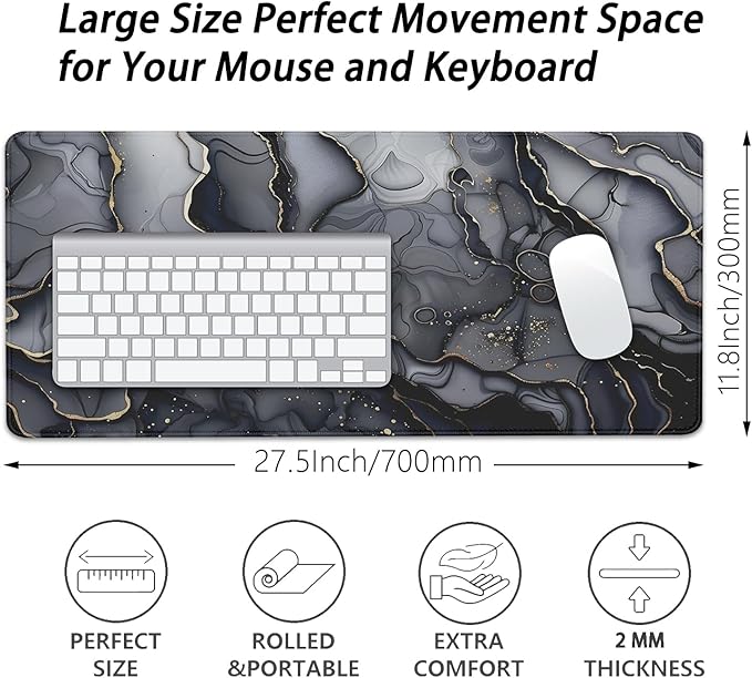 Dark Marble Desk Pad Mouse Pad,Large XL Retro Mouse Mat with Stitched Edges,Non-Slip Rubber Base Mousepad for Office PC Keyboard Laptop and Home Work Desk Mat(27.5X11.8 in)