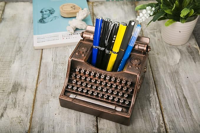 Retro Typewriter Pen Holder Vintage Desk Accssories Unique Cool Gifts for Writer Typewriter Lovers and Secretary Cute Funny Pencil Cups for Office Home School (Bronze)