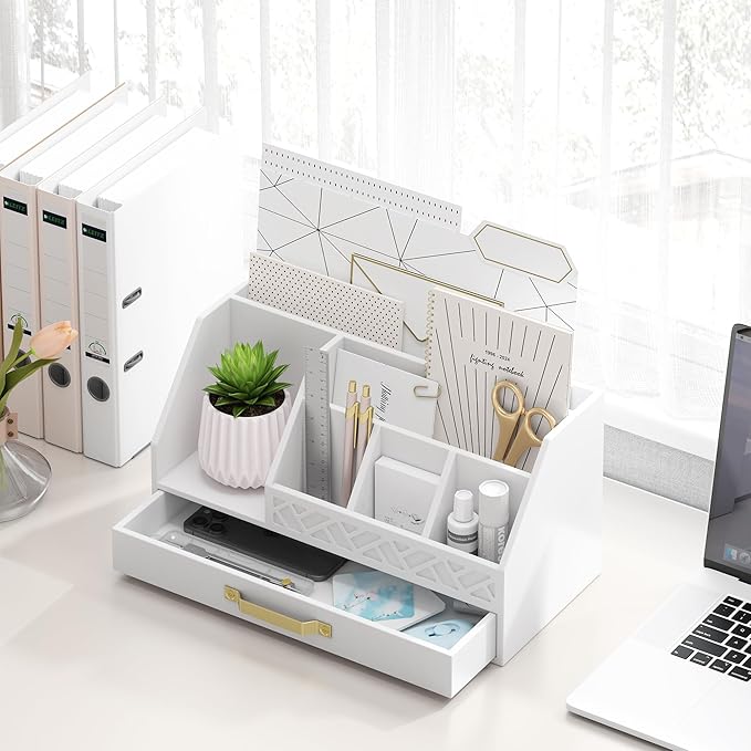 Bamboo Desk Organizer with Drawers, Mail Organizer Countertop Wood Desk Drawer Tabletop Storage Organization Pen Holder Letter Sorter Makeup Organizer for School Home Office (White)