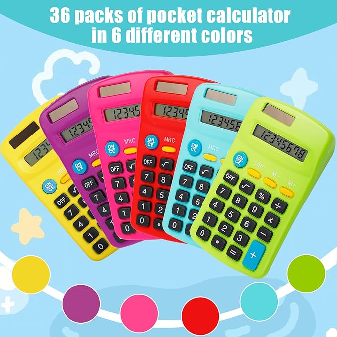 36 Pack Pocket Calculators, Solar & Battery Powered Desktop Calculators, 8 Digit Display, Mini Size, for Students, Kids, School, Home, Office (6 Colors)