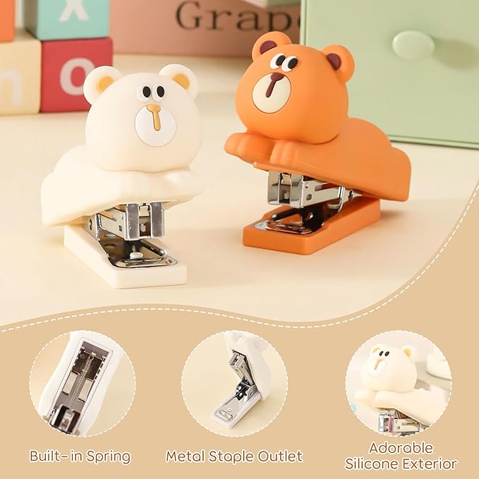 Honagu Mini Cute Animal Stapler with Staples, Cartoon Stereoscopic Silicone (PVC) Stapler, Labor-Saving Office Supplies for Students Kids (Milky White Bear)