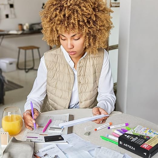 ARTEZA Gel Highlighters and Black Pens – 24-Pack with Sharpener, Smudge-Free, No-Bleed, for Thin Pages, Journaling, Note-Taking, School and Office Use