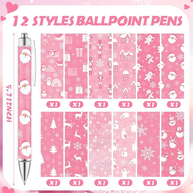 24 Pcs Pink Christmas Sticky Notes with Pens Holiday Gifts Self Adhesive Notepad Cute Memo Notes Pads Black Ink Ballpoint Pen for Office School Students Teacher Supplies