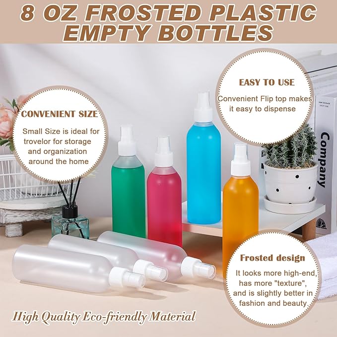 Eccliy 32 Pcs 8 oz Spray Bottles Fine Mist Cleaning Bottles Clear Empty Plastic Travel Sprayer Refillable Sprayer with Cap for Cleaning Solutions Oils Travel Perfumes(Clear,White,Frosted)