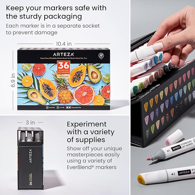 ARTEZA Alcohol Art Markers, Set of 36 Colors, Tropical Tones, Everblend Sketch Pens in Organizer Box, Dual Tips