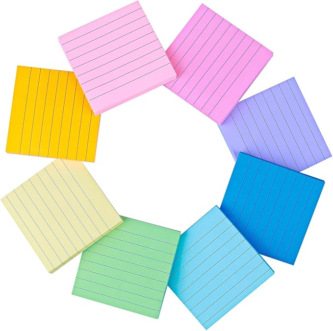Vanpad Lined Sticky Notes 3x3 in Pastel Ruled Stickies Colorful Super Sticking Power Memo Pads, 82 Sheets/pad, 8 Pads/Pack