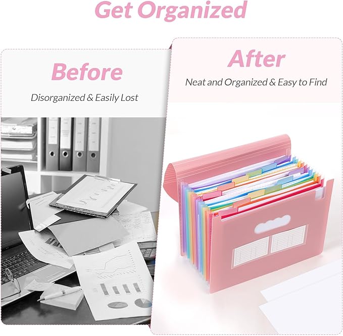 SKYDUE Pink Accordion File Organizer, 13 Pocket File Folder Organizer with Monthly Labels, Expanding Document Organizer for Letter A4 Size, Cute Filing Folder for School Office Home