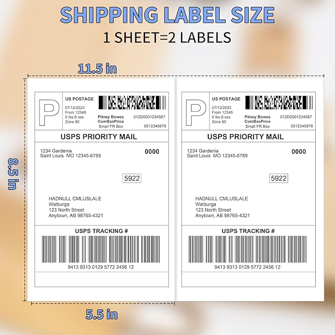 Half Sheet Shipping Labels 8.5x5.5 Inches, FungLam Half Page Labels, 8.5”x11” Self Adhesive Shipping Labels for Laser&Inkjet Printers, White Mailing Address Labels, 2 Labels Per Sheet, 50 Labels.