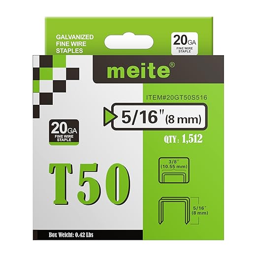 meite T50 Staple Gun Staples, 5/16 Inch Heavy Duty Staples, Galvanized 20 Gauge 3/8 Inch Crown Staple for Upholstery, Construction, Furniture (10 Packs)