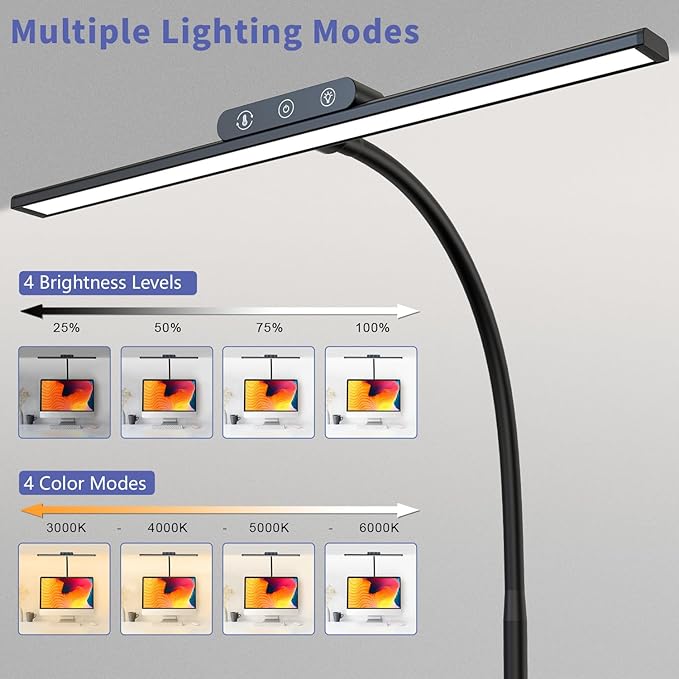 KableRika LED Desk Lamp with Base: Bright Desk Lights for Home Office - Eye Care Reading Table Lamps - Dimmable Desktop Lighting for Computer Monitor Study Drafting Black