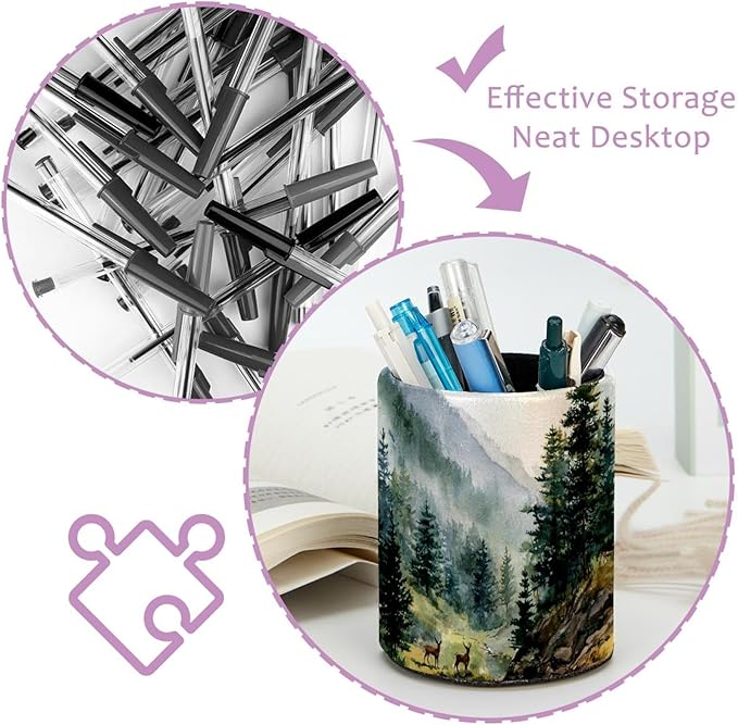 1 Pack Watercolor Mountain Deer Circular Pen & Pencil Holder - Durable PU Leather Pencil Cup, Desk Accessories Organizer for Office Desk School Home