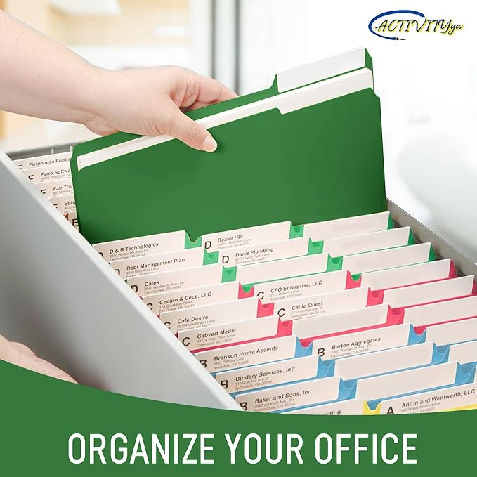 Green File Folders, 1/3-Cut Tabs, Letter Size, 12-Pack – Durable Office Filing Folders for Documents, Papers, and Organization