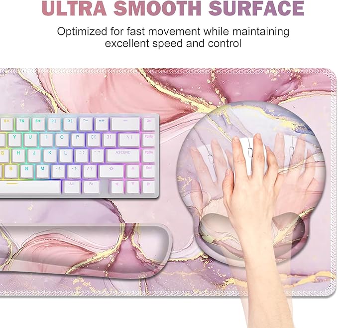 ToLuLu Desk Mat, XXL Large Mouse Pad Wrist Support Set，4 in1 Gaming Mousepad Desk Pad+ Ergonomic Mouse Pad with Wrist Rest + Keyboard Wrist Rest+Coaster for Home Office Computer, Pink Glitter Marble