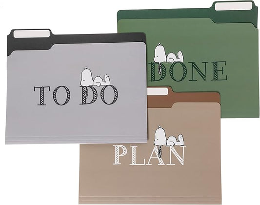 Snoopy File Folders Pack by Graphique, Set of 9 (3 Designs), Letter Size Organizers, Decorative Office Supplies, 1/3-Cut Tabs
