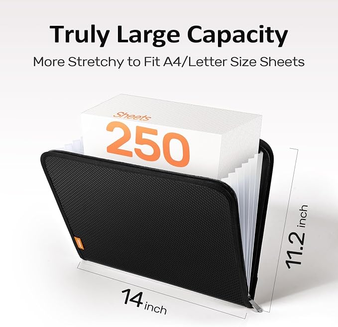 Sooez Accordion File Organizer with Safe Zipper, 7 Pockets Expanding File Folder, Heavy Duty Folder Organizer, Sleek Letter Size Accordion Folder, Portable Expandable File Folder for Documents, Grey