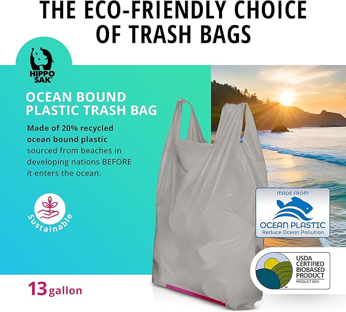 Hippo Sak - Tall Kitchen Garbage Bags with Ergonomic Handles - 13 Gallon Trash Bags Made from Recycled Ocean Bound Plastic - Super Strong and Leak Proof Tall Kitchen Trash Bags (90 Count)