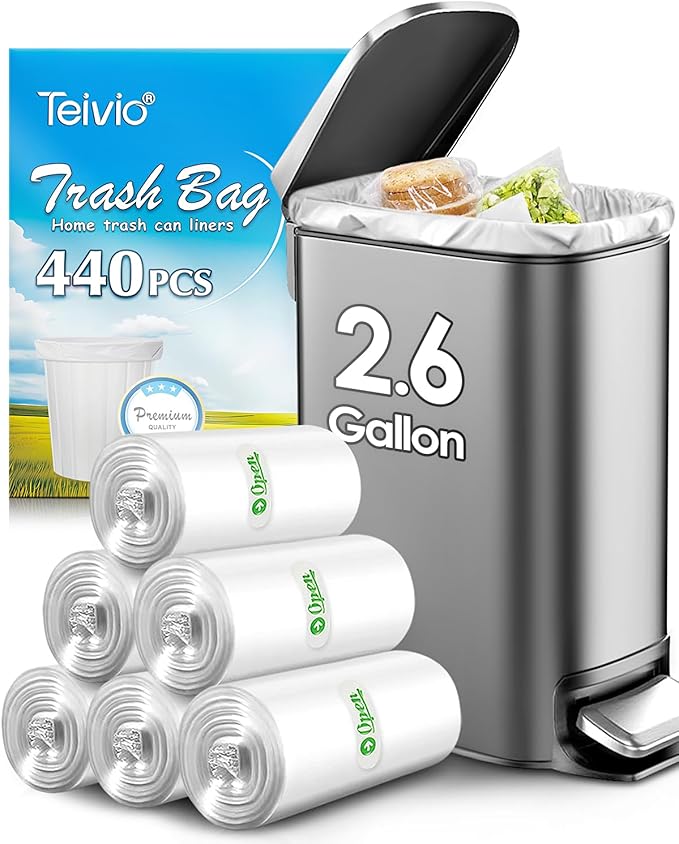 440 Counts Strong Trash Bags Garbage Bags by Teivio, Bathroom Trash Can Bin Liners, Small Plastic Bags for home office kitchen (2.6 Gallon)