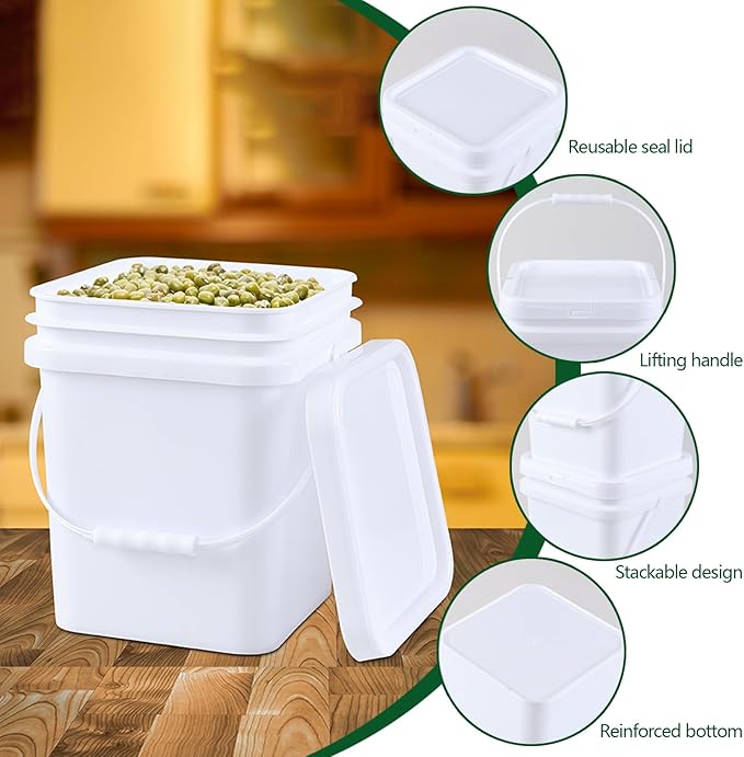 Cand 4.8 Gallon Sealable Lid Bucket with Handle, Set of 4 Plastic Square Storage Bucket Pail, White