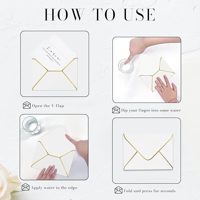 A7 White Envelopes 50 Pcs, Goefun 5x7 V-Flap Fancy Envelopes with Gold Border, for Invitation, Bridal Shower, Wedding, 5.25 x 7.25in