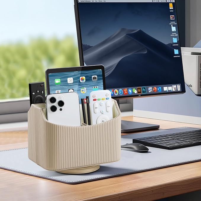 PU Leather Remote Control Holder, 360 Degree Rotating Desk Organizer Storage Table Remote Caddy, Spinning Bedside Organizer Nightstand Organizer for Desktop Office Home (Beige)