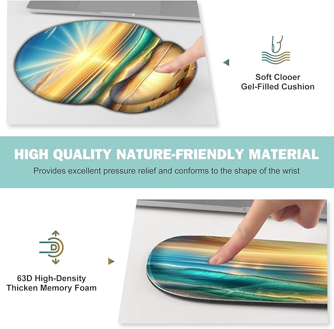 Gaming Mouse Pad, Large Desk Mat, Cute Desk Pad Protector, 4in1 XXL Mousepad + Keyboard Wrist Rest+Mouse Wrist Rest+Coaster Set with Ergonomic Desk Pad for Home Office Computer, Beach Sun Shell