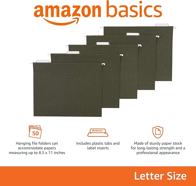 Amazon Basics Hanging File Folders, 1/5-Cut Tabs, Letter Size, Standard Green, 50 Count per Box