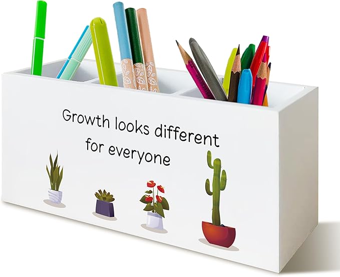 Growth Looks Different for Everyone Inspirational Mental Health Pen Holder for Desk, Motivational Plant Wooden Pen Pencil Holder Organizer for Therapist Counselor Office Desk Accessories
