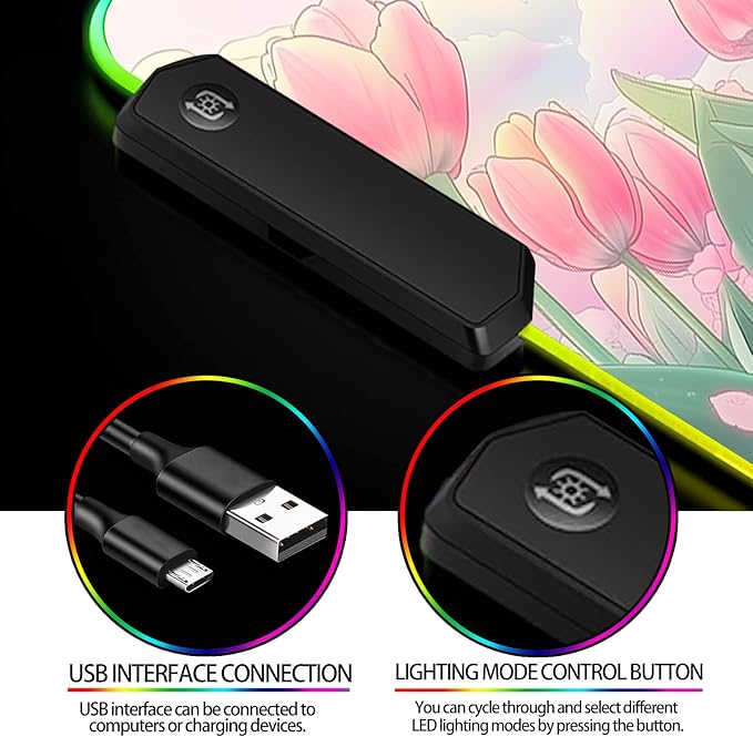 RGB Pink Flower Tulips Gaming Desk Mat, Computer Keyboard Large Extended Long Floral LED Mouse Pad for Office and Home, XL (W30)