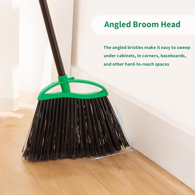 HileSwan 2 Pack Heavy Duty Brooms, 55" Long Handle Indoor Outdoor Angle Broom Set, Household Commercial Floor Cleaning, for Sweeping Home, Kitchen, Deck, Garage, Patio - Green