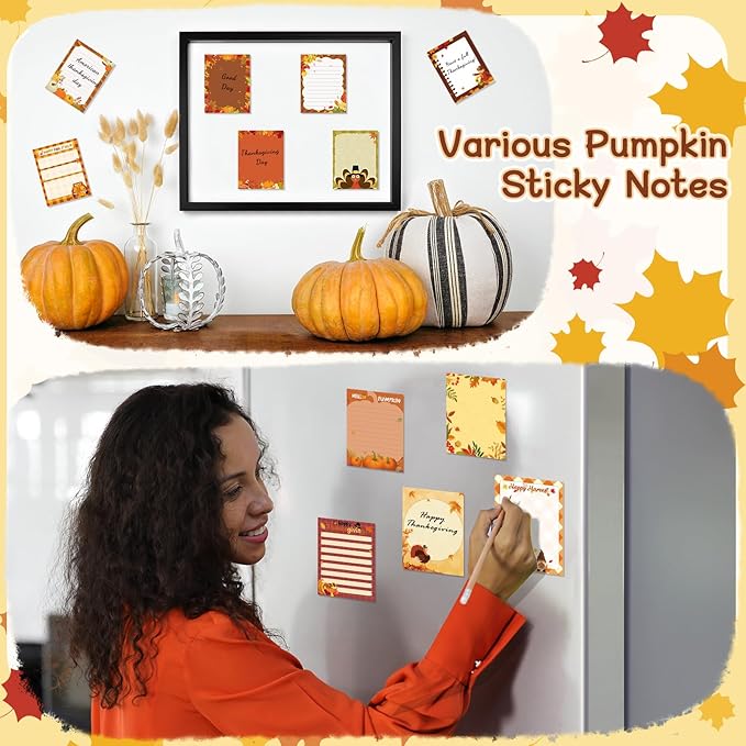 36 Pcs Fall Sticky Notes Include 12 Thanksgiving Notepads and 12 Pen and 12 Ribbon Fall Pumpkin Maple Leaf Turkey Self Adhesive Memo Pad for School Office Home Thanksgiving Gift
