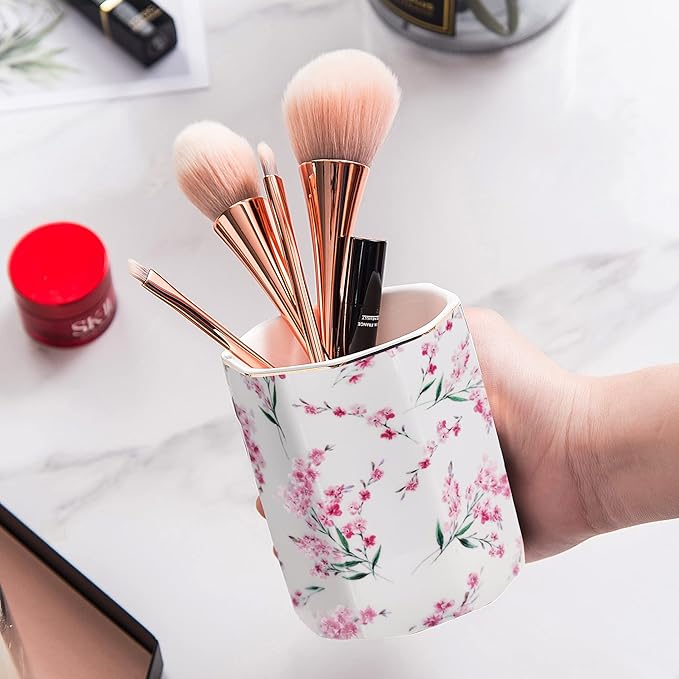 Pen Holder Stand for Desk Floral Pattern Pencil Cup for Girls Kids Durable Ceramic Desk Organizer Makeup Brush Holder for Office Classroom Home Pink Flowers