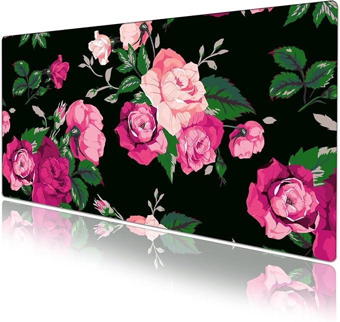 Pink Rose Desk Pad Protector, Stitched Edges Flower Mouse Pad, Large Office Mat, Non-Slip Blotter, Laptop Pad, Floral Writing Pad for Office and Home (31.5" x 15.7")