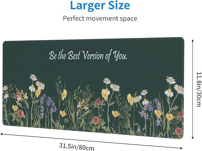 Floral Inspirational Quote Large Mouse Pad, Flowers Gaming Desk Mat, XL Keyboard Desk Pad Mat for Desktop, 31.5"x11.8" Non-Slip Base Big Mousepad with Stitched Edges
