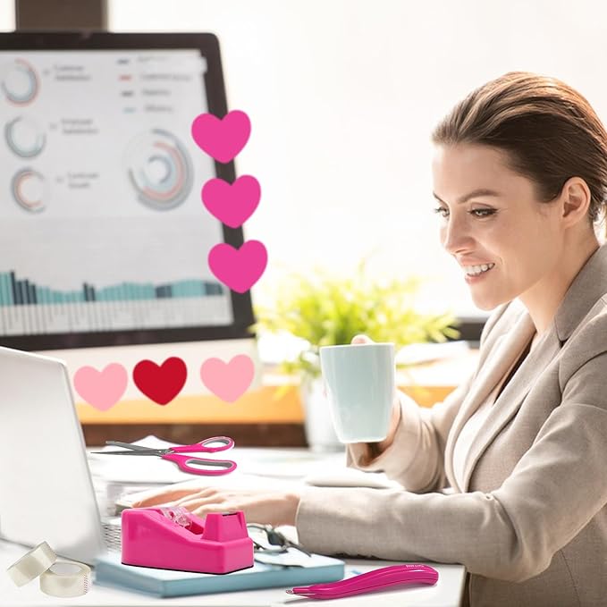 Hot Pink Office Supplies, UPIHO Hot Pink Desk Accessories, Stapler and Tape Dispenser Set for Women with Stapler, Tape Dispenser, Staple Remover, Staples, Clips, Scissor and Sticky Notes for Students