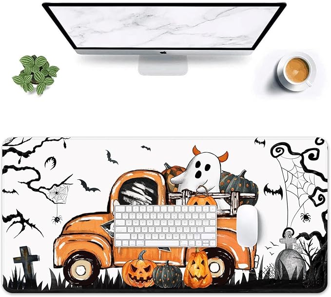 Britimes Halloween Ghost Truck Large Mouse Pad Non-Slip Desk Pad Keyboard and Mouse Desk Mat Spooky Bat Pumpkin Gaming Mousepad for Game,Office & Home,31.5 x 15.7 in