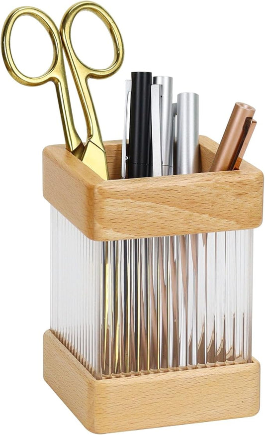 MultiBey Beech Wooden Pencil Holder, Clear Acrylic Wood Pen Holder, Modern Pen Cup Organizer Stand Wood Desk Accessory Organizer for School Office Home Supplies