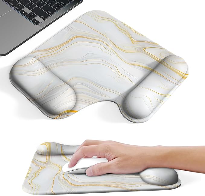 Ergonomic Mouse Pad with Gel Wrist Rest (1"& 1.2" Dual Height) - Mouse Pads Compact Mousepad Desk Mat Office, Gaming & Carpal Tunnel Relief | Non-Slip Rubber Base Gold Marble