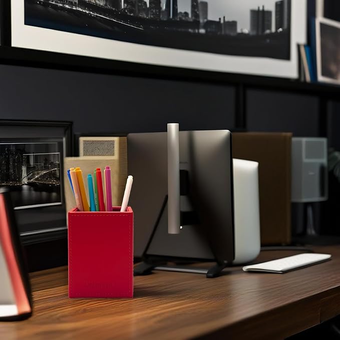 UnionBasic Square Pen Holder, Leather Pencil Cup, Desktop Caddy Stationery Organizer, Red