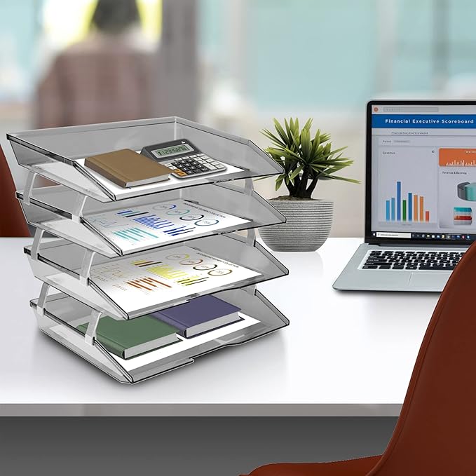 Acrimet Facility 4 Tier Letter Tray, Side Load, Letter Size/A4, Desktop File Organizer, Plastic (Clear Smoke)